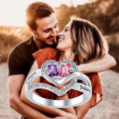 Personalized Double Birthstones Heart Ring