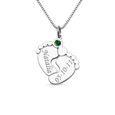Silver Engraved Baby Feet Necklace with Personalised Birthstone