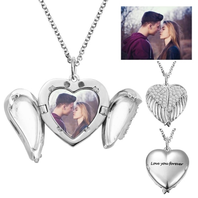 Personalized Angel Wings Heart Photo Locket Necklace, Gift for Woman/Mom/Her/Lover