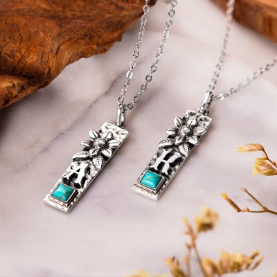 Personalized Vertical Bar Initial Necklace Turquoise Boho Style in Sterling Silver