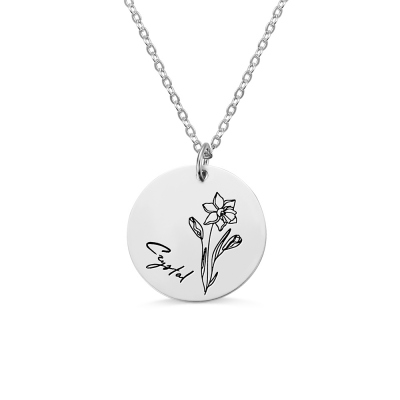 Gravierte Geburtsmonat Flower Disc Halskette Sterling Silber