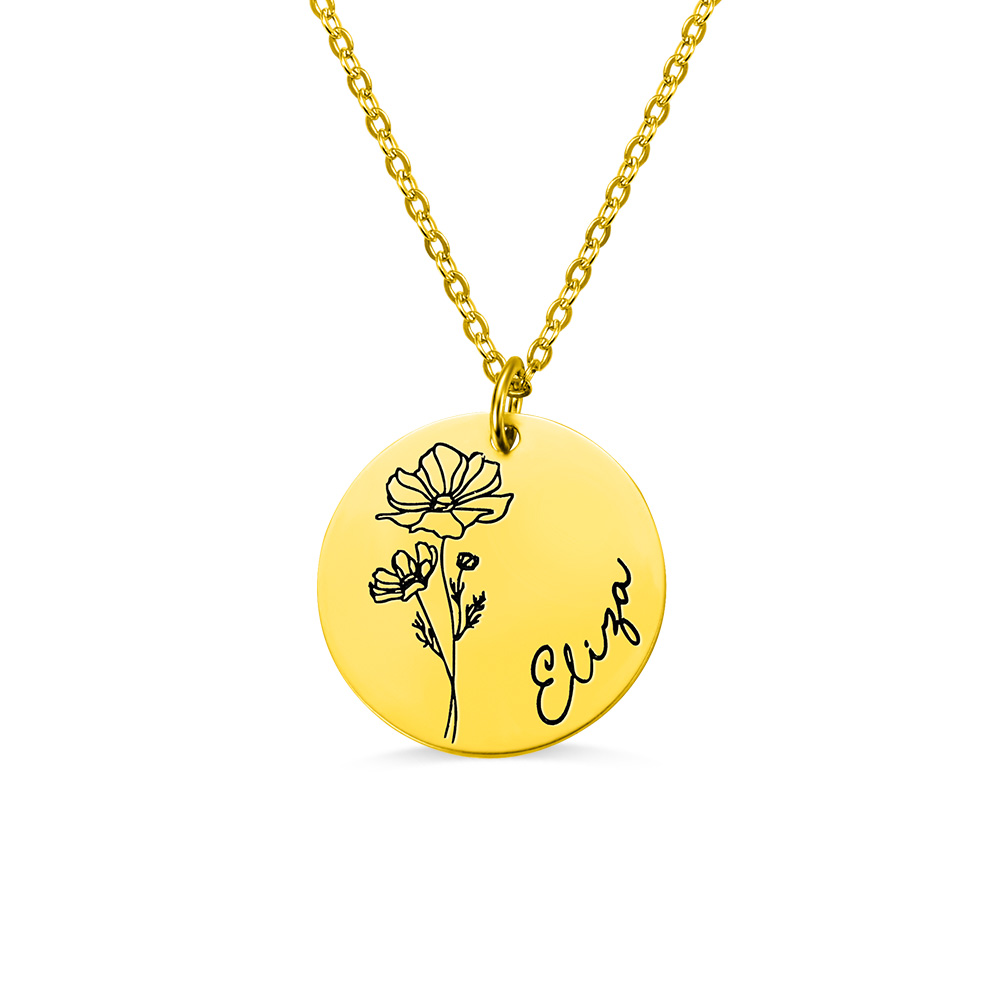 Engraved Birth Month Flower Disc Necklace Sterling Silver