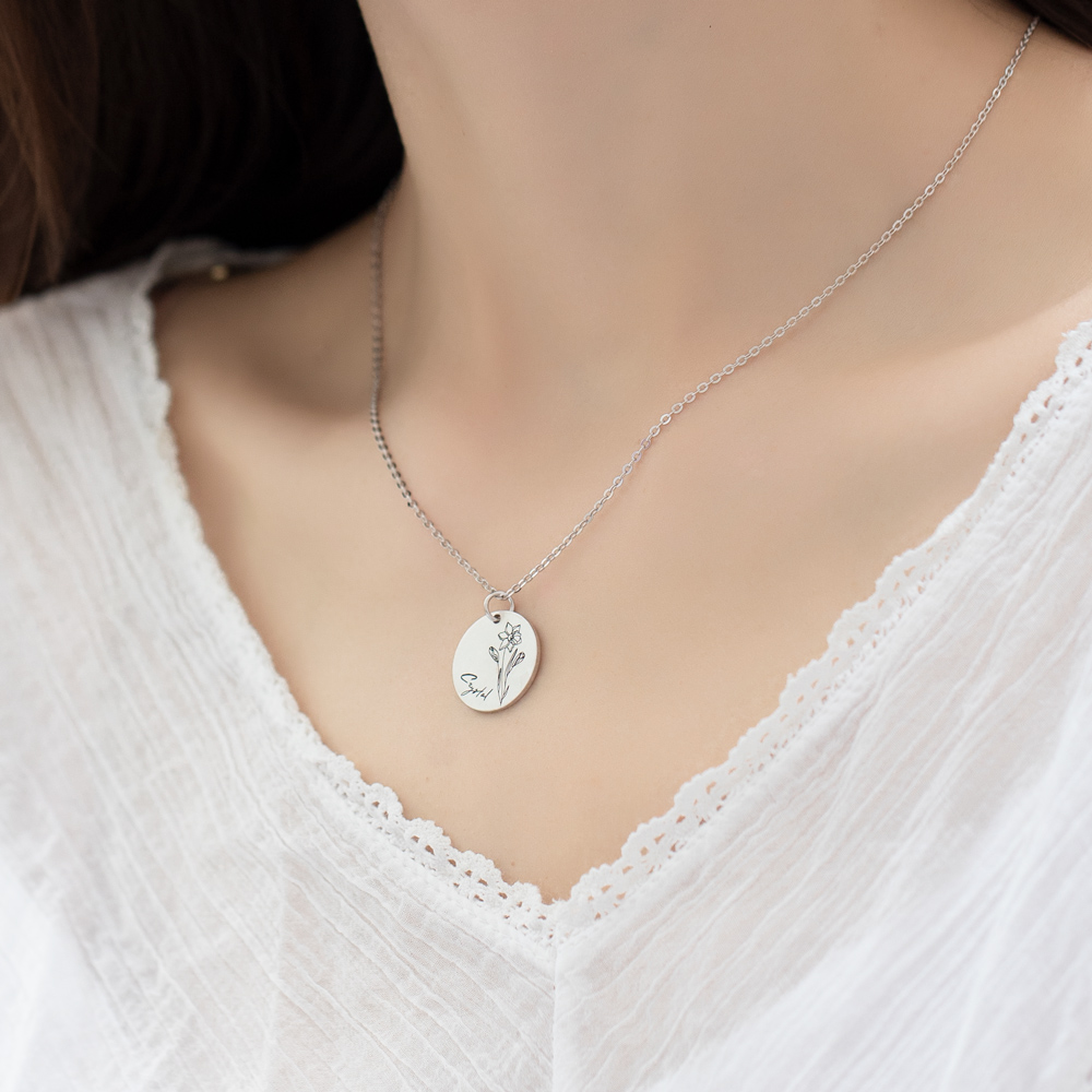 Engraved Birth Month Flower Disc Necklace Sterling Silver