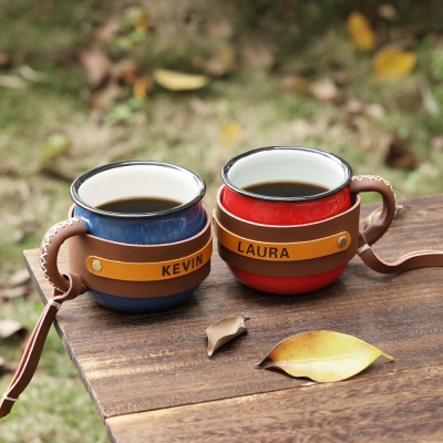 Custom Leather Enamel Coffee Mug for Travel & Camping