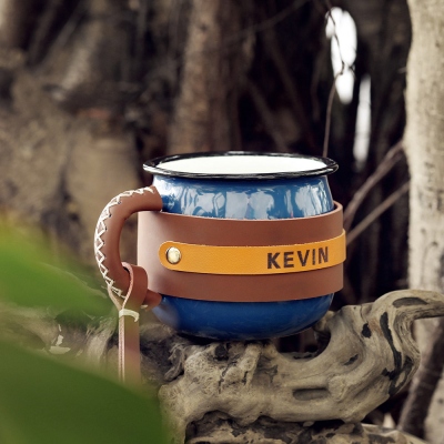 Custom Leather Enamel Coffee Mug for Travel & Camping