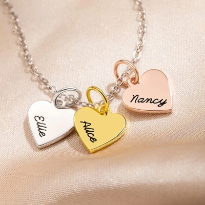 Personalized Family Names Necklace with Heart Charms, Custom Mixed Metal Engraved Jewelry, Birthday/Anniversary/Mother's Day Gift for Her/Mom/Grandma