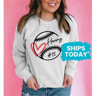 Personalized Baseball Heart with Name Sweatshirt, Baseball Sweater for Mom, Custom Sports Sweatshirts
