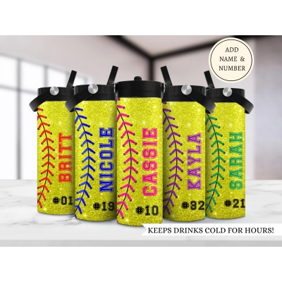 Custom softball team water bottles, Glitter softball tumbler, Gift for softball team, Personalized softball group cups, Bottle with name