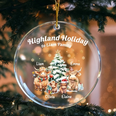 Personalized Highland Cow Family Christmas Ornament with Names, Acrylic Holiday Tree Hanging Decor, Housewarming/Christmas Gift for Family/Kids