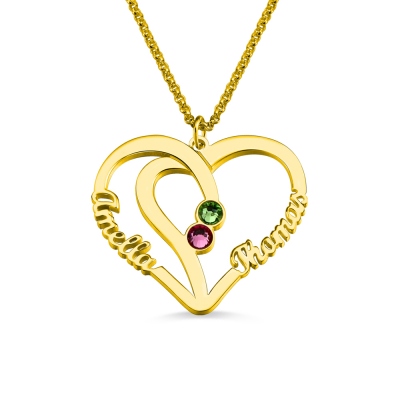 Heart Necklace with 2 Names & Birthstones Gold Plated Silver