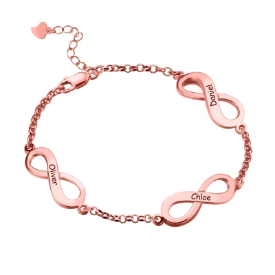 Personalized Triple Infinity Name Bracelet In Rose Gold