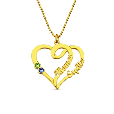Couple Heart Names Necklace with Birthstones Gold Plated Silver