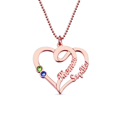 Couple Heart Names Necklace with Birthstones In Rose Gold