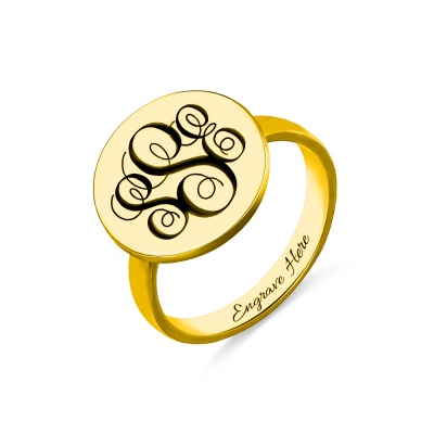 Engraved Disc Monogram Signet Ring Gold Plated Silver