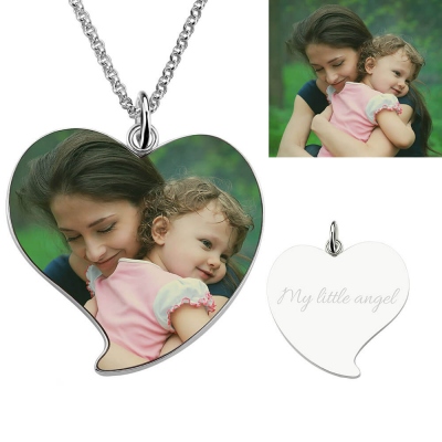 Customized Engraved Heart Mom & Daughter Photo Necklace Sterling Silver