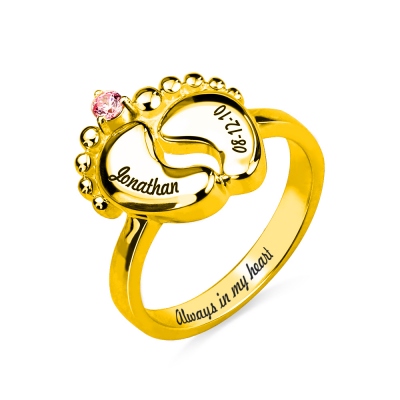 Engraved Baby Feet Ring with Birthstone Gold Plated Silver