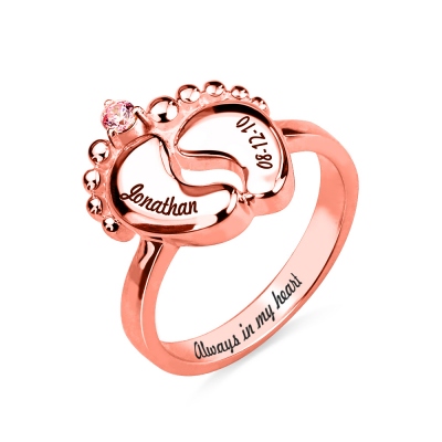 Engraved Baby Feet Ring with Birthstone In Rose Gold