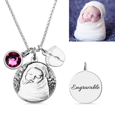 Birthstone Photo-Engraved Necklace with Baby Feet Sterling Silver