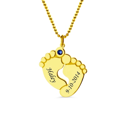 Birthstone Baby's Feet Necklace with Name 18K Gold Plated