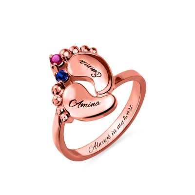 Engraved Baby Feet Birthstone Ring for Mom In Rose Gold