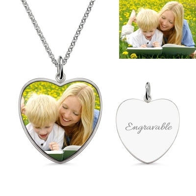 Heart Engraved Mom & Son Picture Necklace Sterling Silver