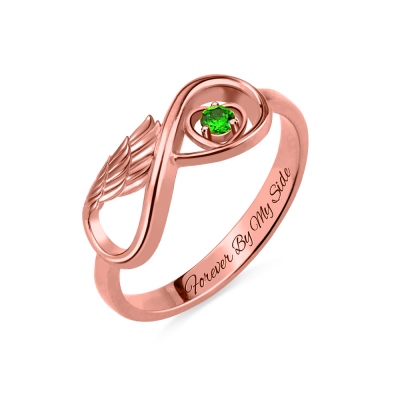 Rose Gold Angel Wing Birthstone Engraved Ring 
