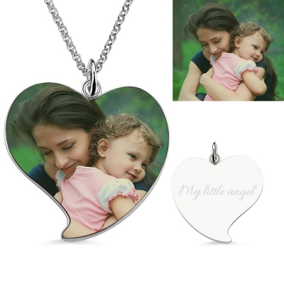 Engraved Heart Mom & Daughter Photo Necklace Sterling Silver