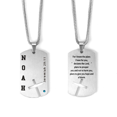 Custom Engraved Cross Bible Verse Dog Tag Necklace with Birthstone, Laser Cut Men’s Cross Necklace, Father’s Day/Christmas Gift for Dad/Grandpa/Him