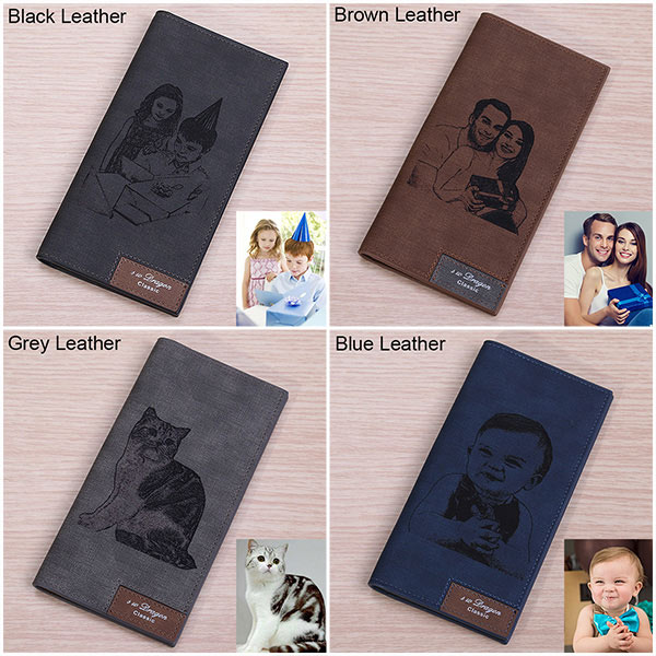 Men's Engraved Photo Leather Long Wallet