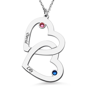 Pure Double Heart Necklace with 2 Names & Birthstones Sterling Silver