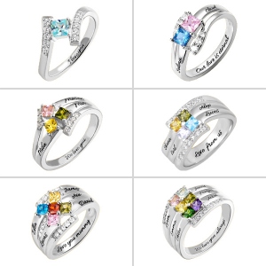 Personalized 1-6 Square Birthstone Ring with Engraving in Silver