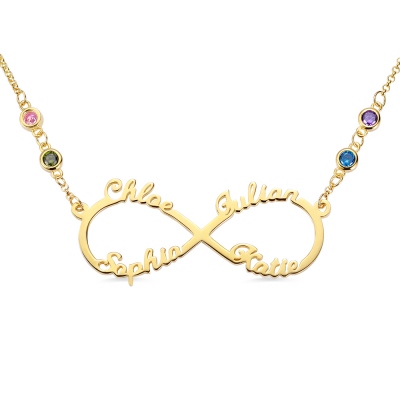 Custom 4 Names Infinity Necklace with Birthstones in Gold