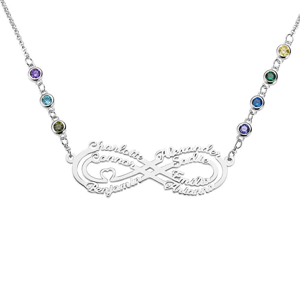 Personalized 7 Names Infinity Necklace with Birthstone in Silver