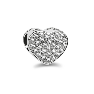 Heart Shape Sterling Silver Beaded Charm with Full Rhinestones