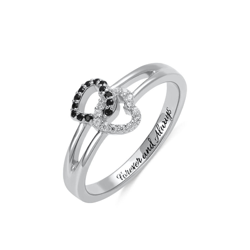 Engraved Dual Hearts Birthstones Silver Ring