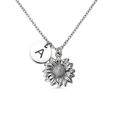 Silver Sunflower Necklace with Custom Initial