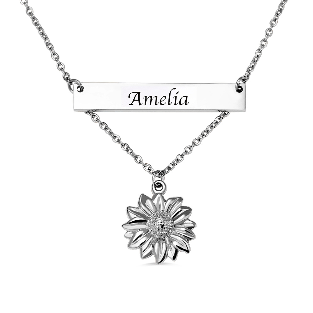Personalized Sunflower Necklace with Bar in Silver