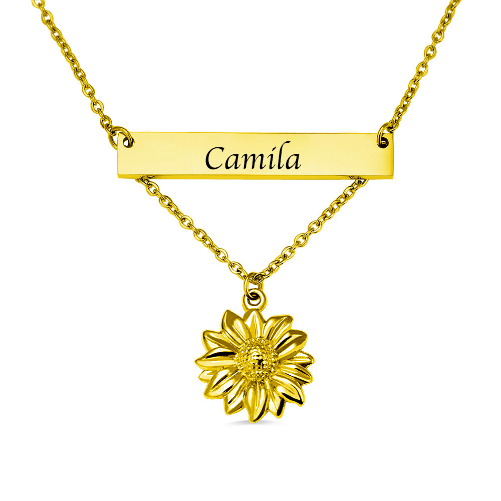 Personalized Sunflower Necklace with Bar in Gold