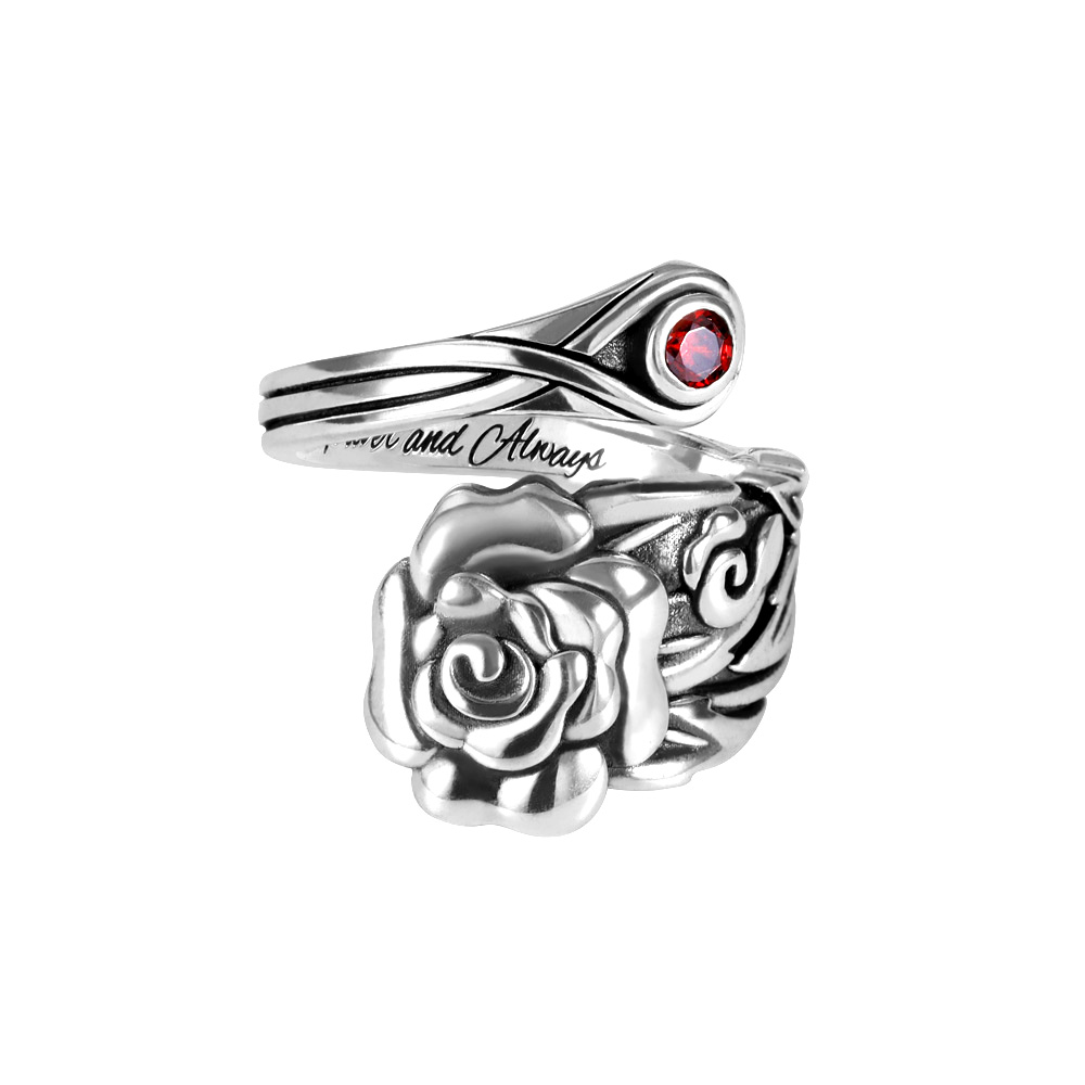 Engraved Rose Spoon Ring with Birthstone
