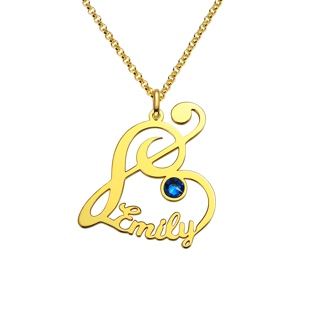 Personalized Treble Clef Name Necklace with Birthstone in Gold