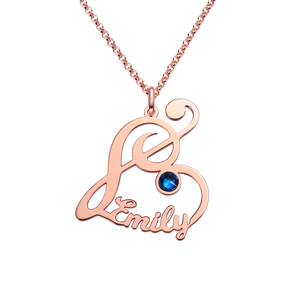 Personalized Treble Clef Name Necklace with Birthstone in Rose Gold