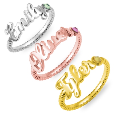 Personalized Birthstone Name Ring with Rope Band