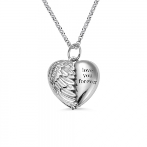 Customized One-side Angel Wings Heart Photo Necklace in Silver