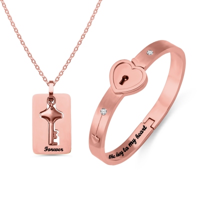 Personalized Couple's Bracelet And Key Necklace in Rose Gold