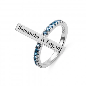 Engraved Bar Ring with Birthstone in Silver