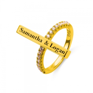 Engraved Bar Ring with Birthstone in Gold