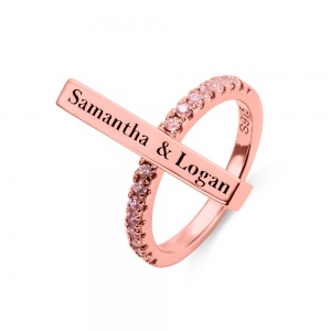 Engraved Bar Ring with Birthstone in Rose Gold