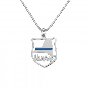 Personalized Police Badge State Map Name Necklace in Silver