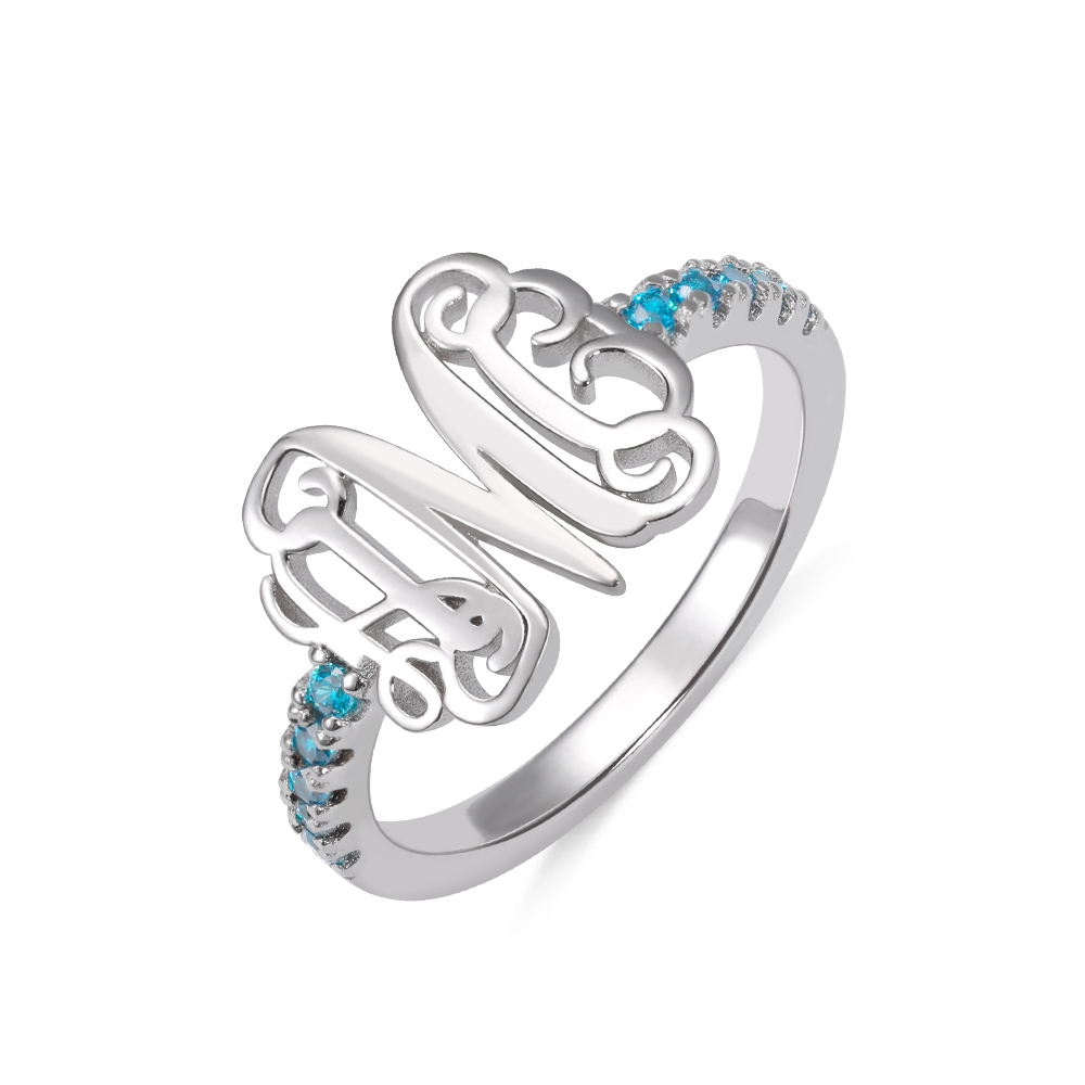 Customized Silver Monogram Ring with Birthstones