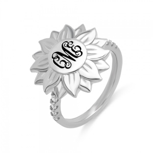 Personalized Blackened Sunflower Ring with Engraved Monogram